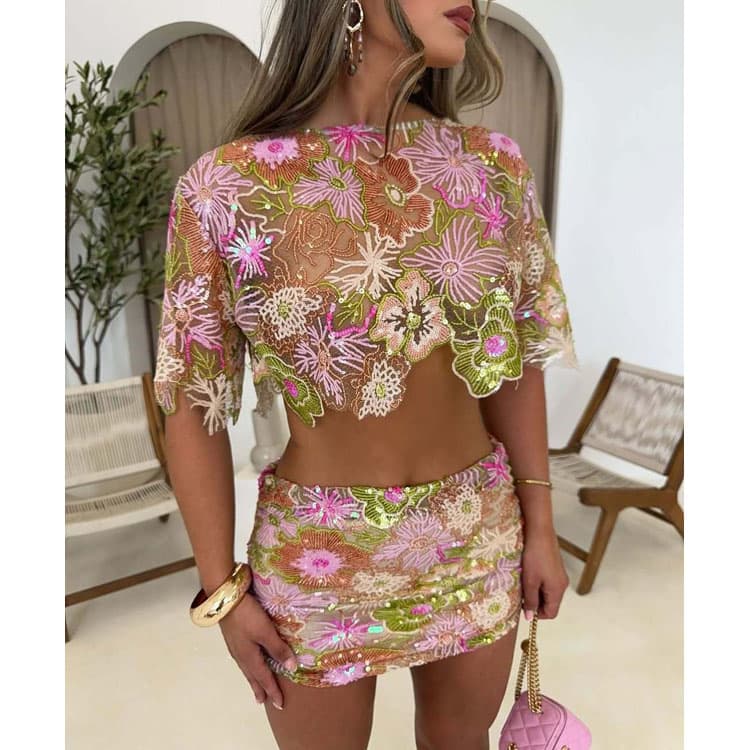 Breathable Mesh Dress Factory Direct Embroidered Floral Dress Custom logo Stylish Short Dress Set Wholesale