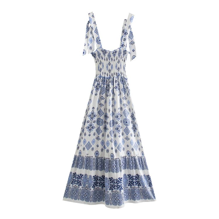 Square Neckline Dress Wholesale Printed Pleated Dress Custom logo Cut Waist Dress Factory Direct