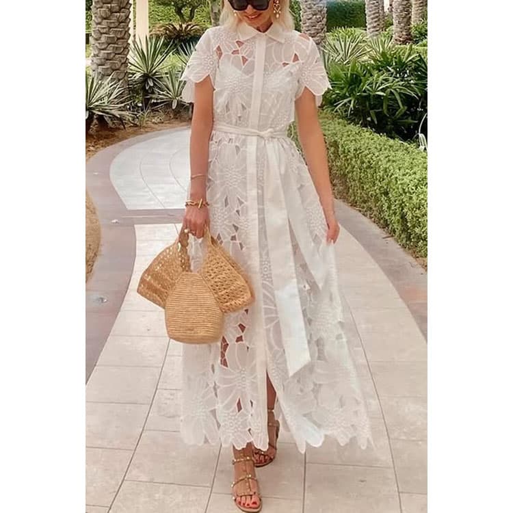 2025 New Summer Casual Dress White Lace Cardigan Single Breasted Dress Flower Embroidered Women Holiday Dress