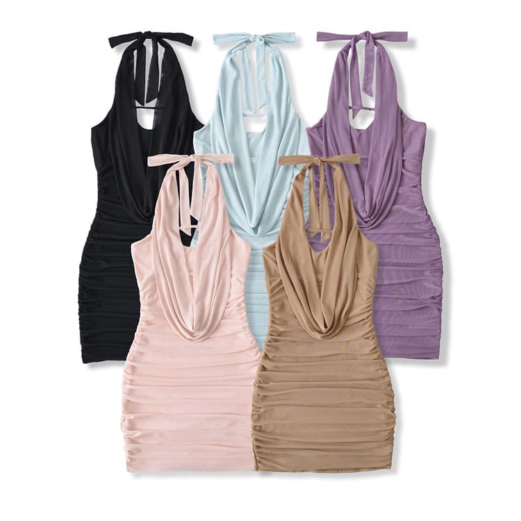 Halter Casual Dress Wholesale Solid Color Simple Dress Custom logo Pleated Mini Skirt Factory Direct