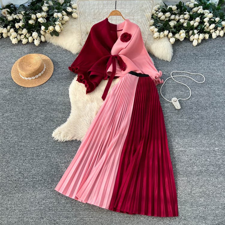 Wenshuo Casual Color Blocked Dress Wholesale 2026 Pleated Maxi Skirt Custom logo Elegant Dress Set Factory Direct
