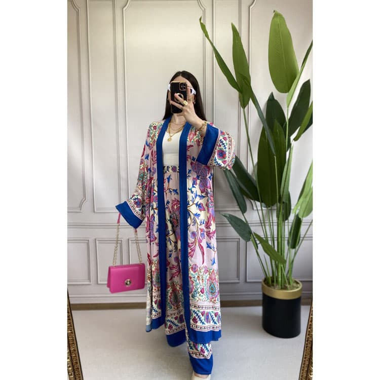 Chiffon Trousers Women Set Wholesale Printed Cardigan Set Custom logo Loose Robe Set Factory Directly