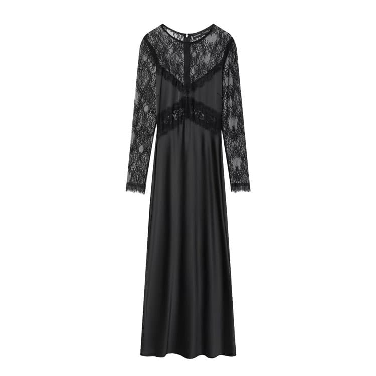 2026 Women Casual Dress Elegant and Fashion Lace Long Dress Crew Neck Long Sleeve Zipper Satin Patchwork Maxi Dress