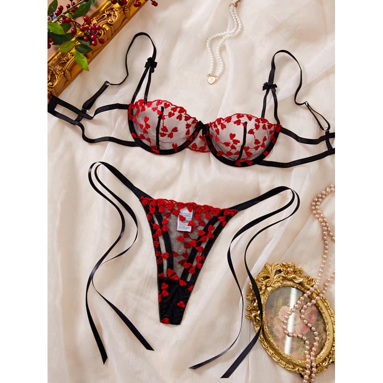 Wenshuo Heart Embroidered Lingerie Wholesale Mesh Sexy Lingerie Custom logo See Through Ribbon Lingerie Factory Direct