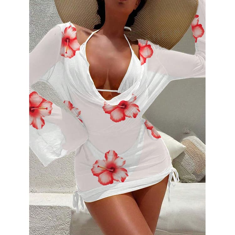 Wholesale Flower Beach Dress Bikini Sexy Three Piece Long Sleeved Cover up Bikini White Triangle Swimsuit for Women