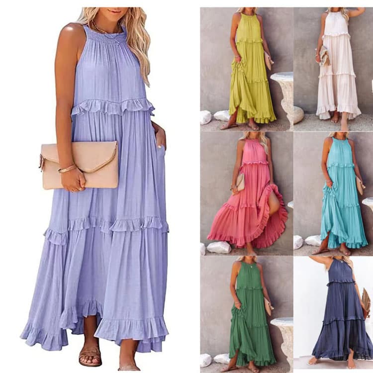 Pleated Solid Dress Custom logo Ruffled Casual Dress Wholesale Sleeveless Beach Dress Factory Directly