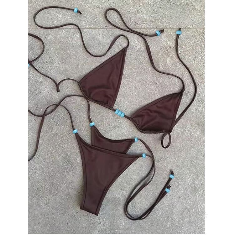 Wholesale Solid Color Simple Swimsuit Triangle Strap Backless Bikini Sexy Bead String Bikini Swimsuit