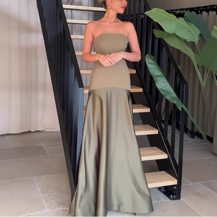 Woman Sexy Satin Slip Dress Strapless and Sleeveless Solid Color Dress for Summer