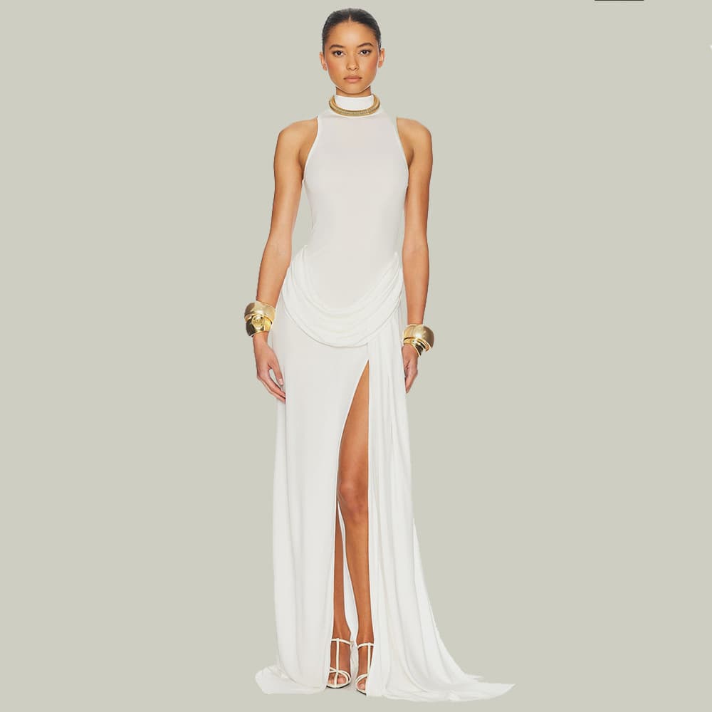 Casual Round Neck Dress Wholesale Solid Color Split Skirt Custom logo Floor Length Skirt Factory Direct