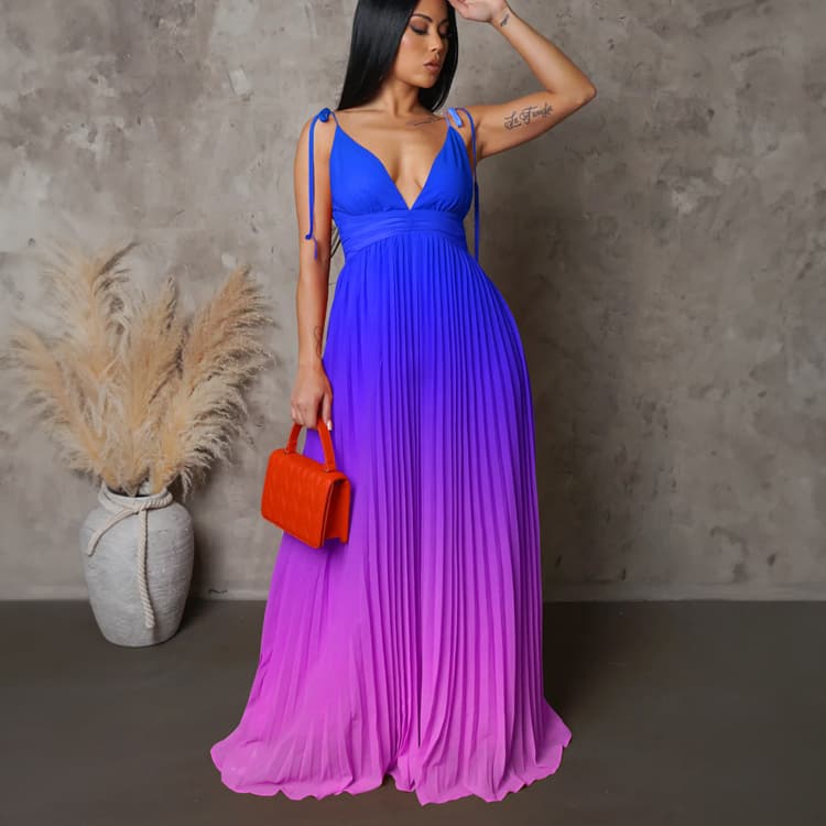 Women Party Dress Plus Size Sexy Halter V Neck Backless Pleated Dress with Gradient Color Women Elegant Dress Wholesale Clothing