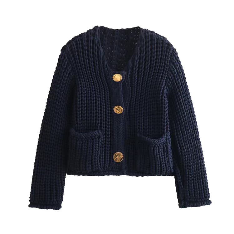 Wholesale Solid Color Sweater Single Row Round Button Sweater Double Pocket Knitted Sweater Jacket