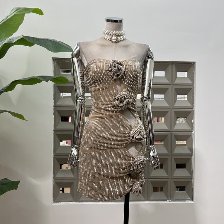 Wholesale Unique Design Party Dresses Sexy Lace up Diamond Dresses Strapless Fitted 3D Floral Dresses