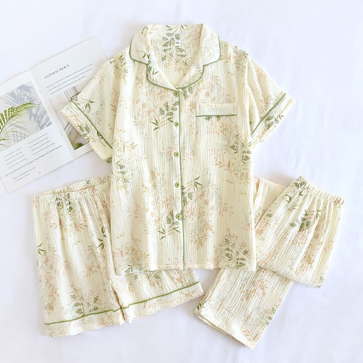 Soft Three Piece Pajama Set Wholesale Cotton Casual Loungewear Factory Direct Elastic Waist Straight Leg Pants Factory Direct