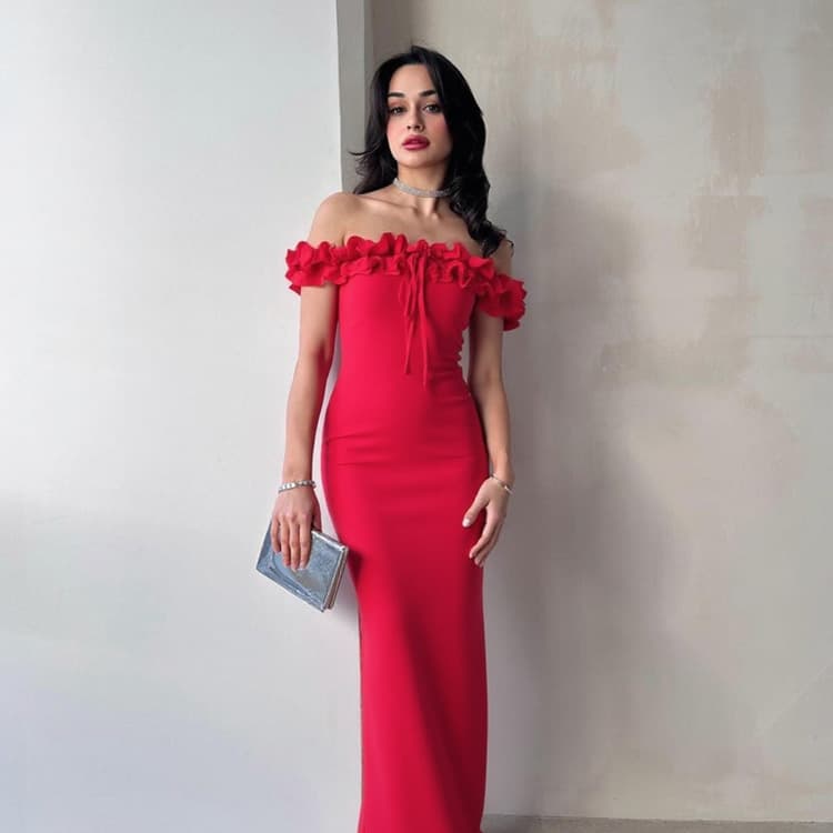 Ruffled Solid Color Dress Wholesale Off the Shoulder Dress Custom logo Simple Long Dress Factory Direct