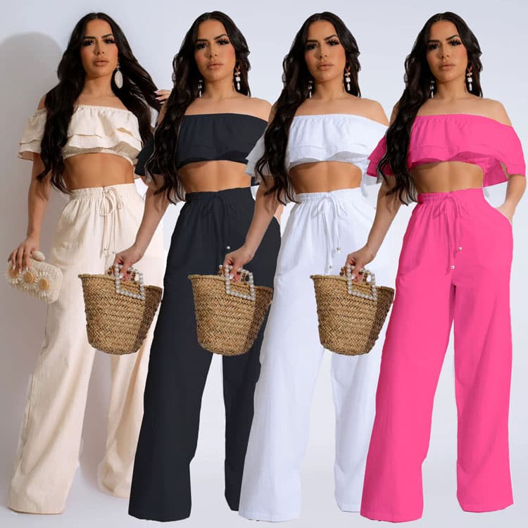 Stylish Ruffled Women Suit Wholesale Cropped off Shoulder Top Factory Direct Loose Straight Trousers Custom logo