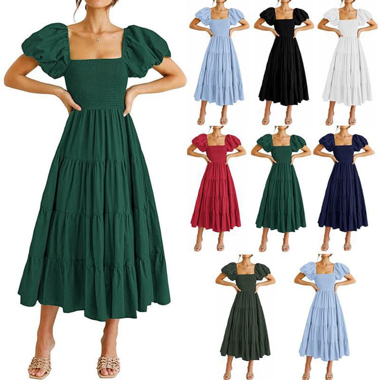 2023 Pure Color Sweet Style square Collar Halter Dress Pleated Short-sleeved Frock Dress