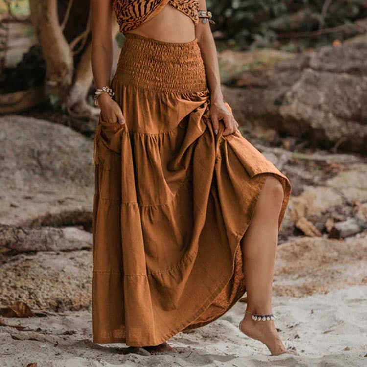 New Style Women Holiday Skirt Bohemian Loose Casual Long Skirt with Pockets Solid Color Wrap Dress