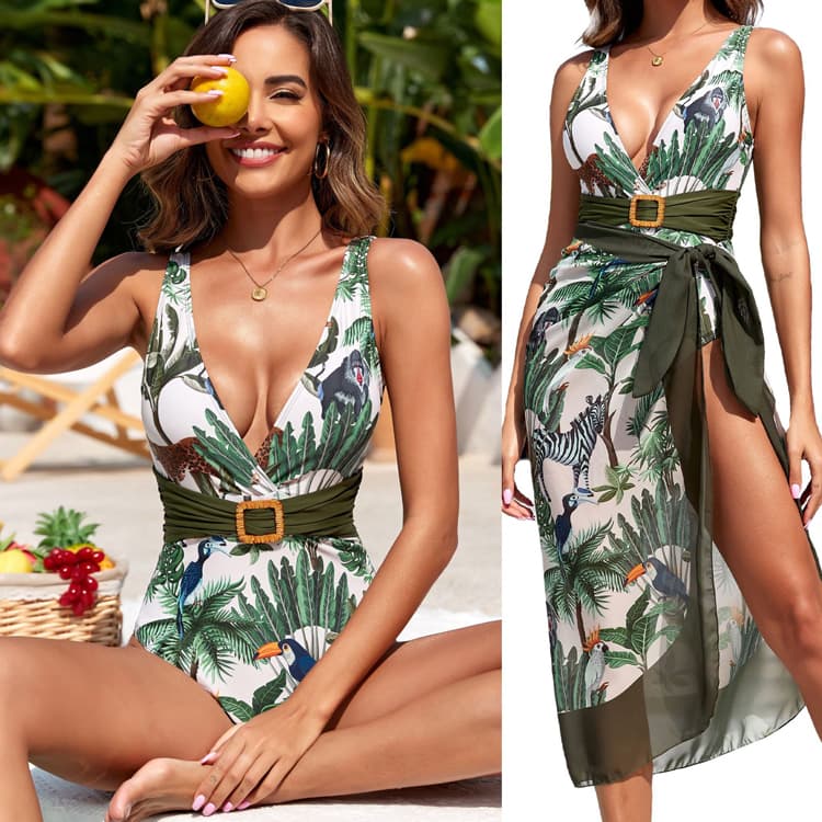 Wholesale Tropical Printed Swimsuit Sexy High Cut V-neck Cover up Swimsuit with Waist Belt Fitness Bikini