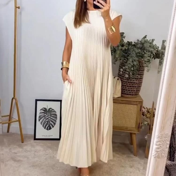 Hot Sell 2024 New Fashion Round Neck Sleeveless Maxi Long Skirt Pleated Long Dresses for Women