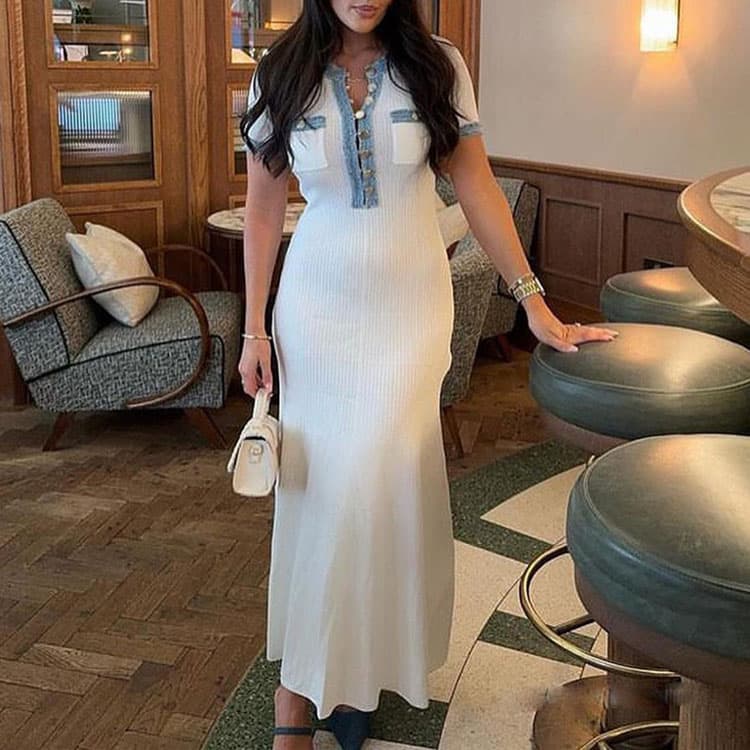Fall New Arrivals Women Fashion Knit Dress Denim Patchwork Knitted Long Dress Button Tight Short Sleeve Elegant Dress
