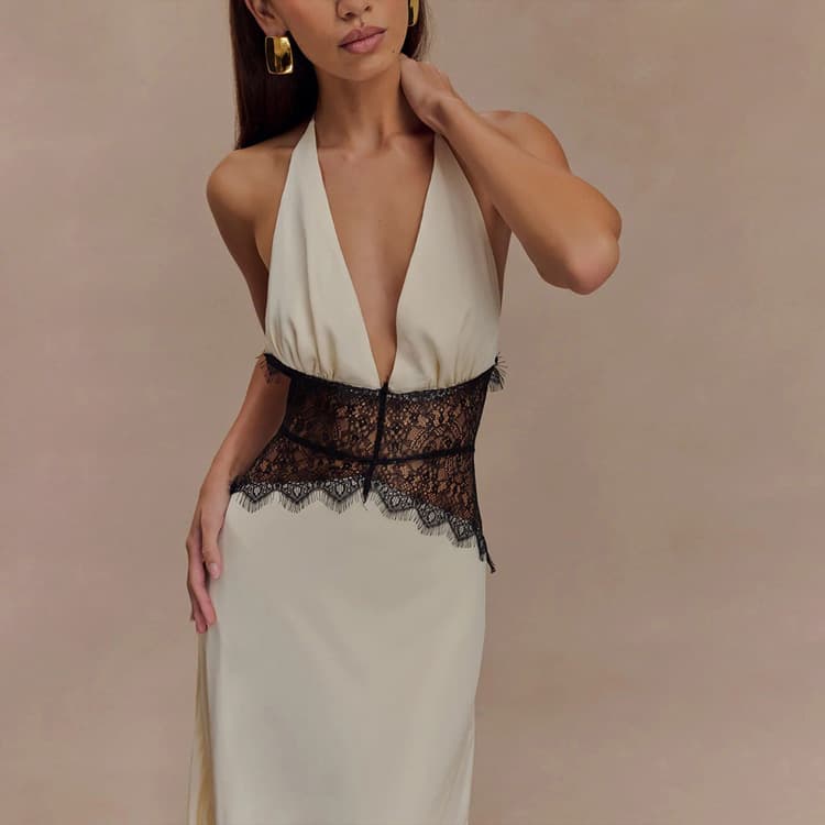 Long Dyed Lace Dress Wholesale Casual Halter Neck Maxi Dress Custom logo Fashion Deep V Neck Dress Factory Direct