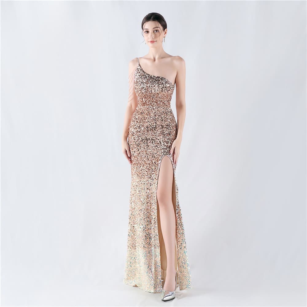 Sequined evening dress wholesale High end slim dress custom logo Pearl off shoulder evening dress factory directly