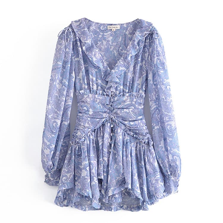 Printed Pleated Dress Wholesale Lantern Sleeve Mini Dress Custom logo V Neck Casual Dress Factory Direct