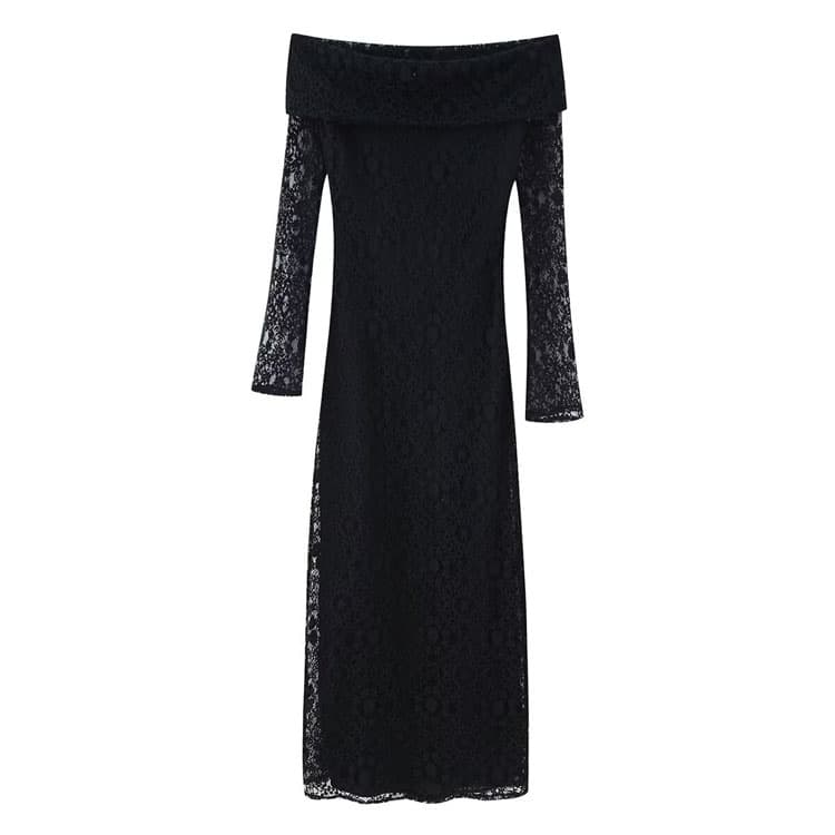 Fashion Black Lace Sexy Strapless Dress Anti Exposure Lace Vacation Dress Off the Shoulder Long Sleeve Women Casual Dress