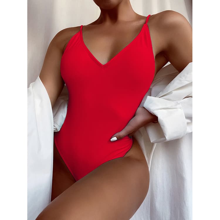 New One Piece Bikini Set Sexy Backless Bathing Suit Solid Color Swimwear Beach Wear