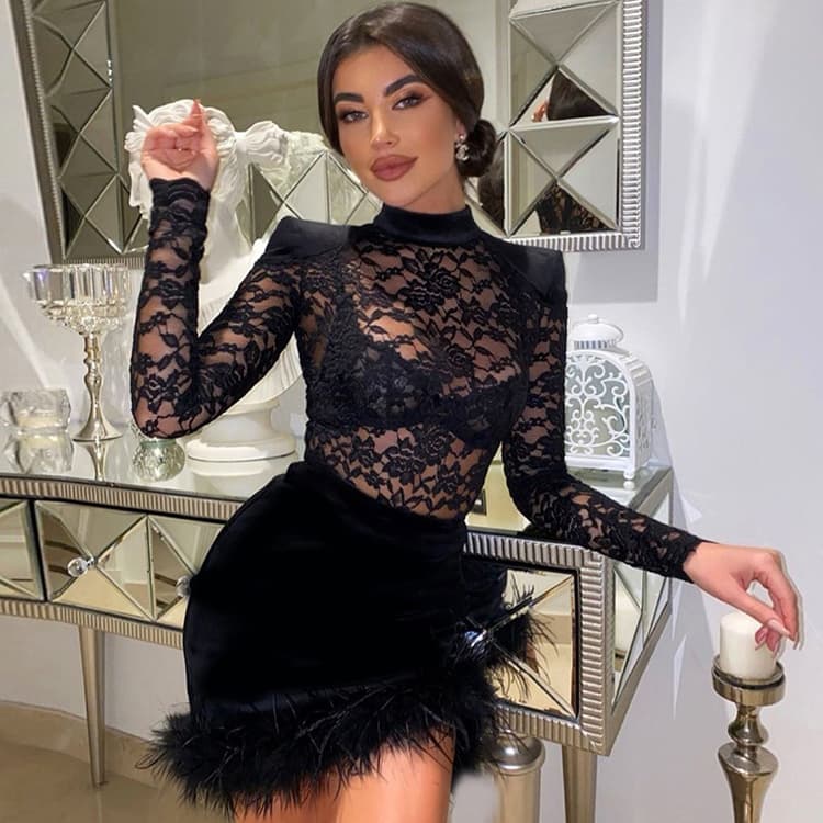 Autumn Sexy Wrap Hip Skirt Lace Patchwork Suede Dresses Feather Long Sleeve Dresses