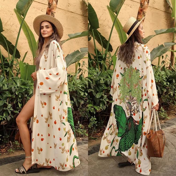 Summer New European American Back Printed Kimono Robe Cover Ups Retro Tassel Plus Size Women Dress
