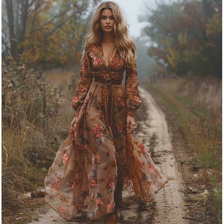 2026 Long Sleeve Digital Print V Neck Maxi Dress High Quality Women Casual Dress Flower Holiday Dress