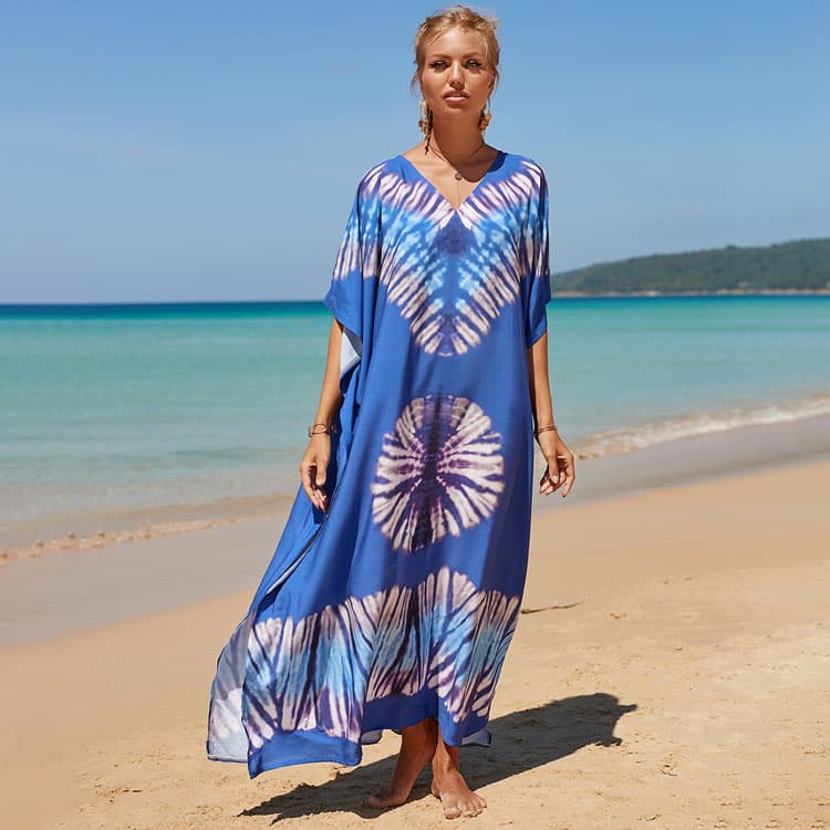Beach Cotton Cover Ups Oversize Women Bikini Sun Long Shirt Dyeing of Flowers Holiday Dress