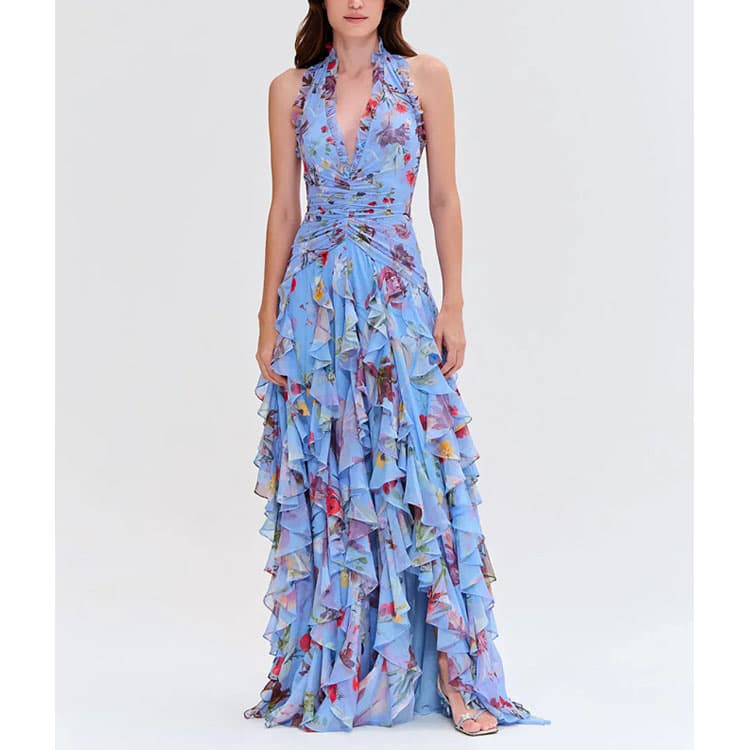 Casual Deep V Neck Dress Wholesale Mesh Printed Dress Factory Direct Loose Pleated Dress Custom logo