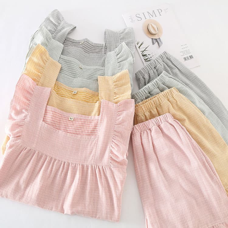 Double Layer 100% Cotton Pajamas Wholesale Plaid Casual Pajama Set Custom logo Ruffled Sleeveless Top Factory Directly