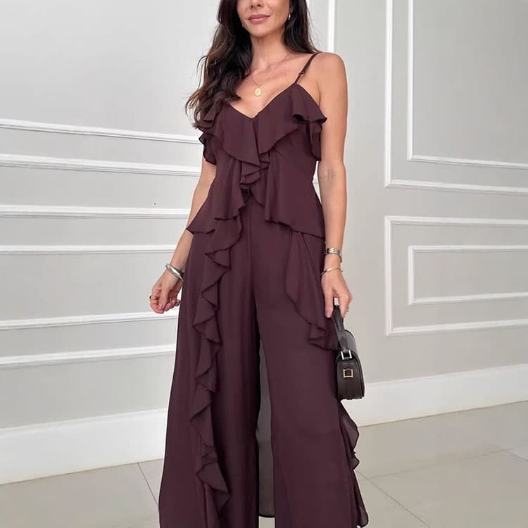 Ruffled Chiffon 2 Piece Suit Wholesale V Neck Camisole Top Custom logo Floor Length Loose Trousers Factory Direct