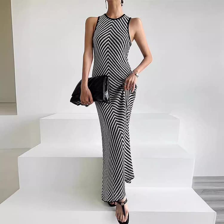Wenshuo Striped Casual Dress Wholesale Sleeveless Maxi Dress Custom logo Stylish Round Neck Dress Factory Direct