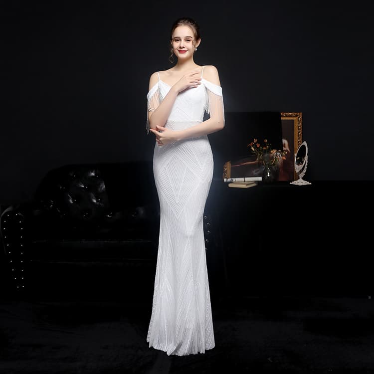 New Sequined Fishtail Long Evening Dress Performance Event Banquet Etiquette Evening Dress Spaghetti Strip Tassel Women Dress