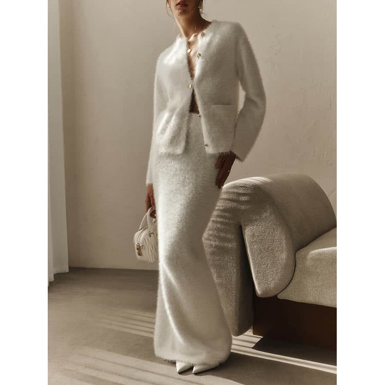 Winter Fleece Women Set Custom logo Long Sleeve Crew Neck Top Wholesale Solid Color Maxi Skirt Factory Direct