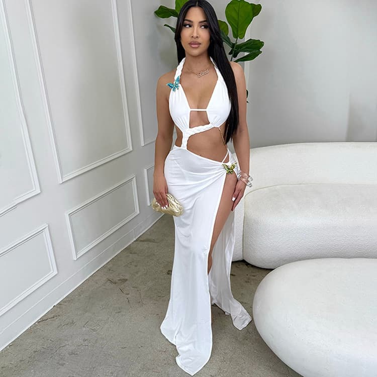 Wenshuo Fashion Sexy Halter Dress Wholesale Slit Spaghetti Strap Dress Custom logo Simple Solid Color Dress Factory Direct
