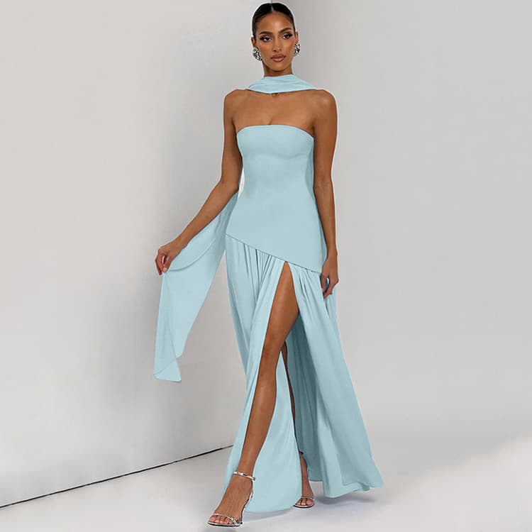 Strapless Pleated Dress Wholesale Fashion Silk Scarf Dress Custom logo Solid Color Split Maxi Skirt Factory Direct