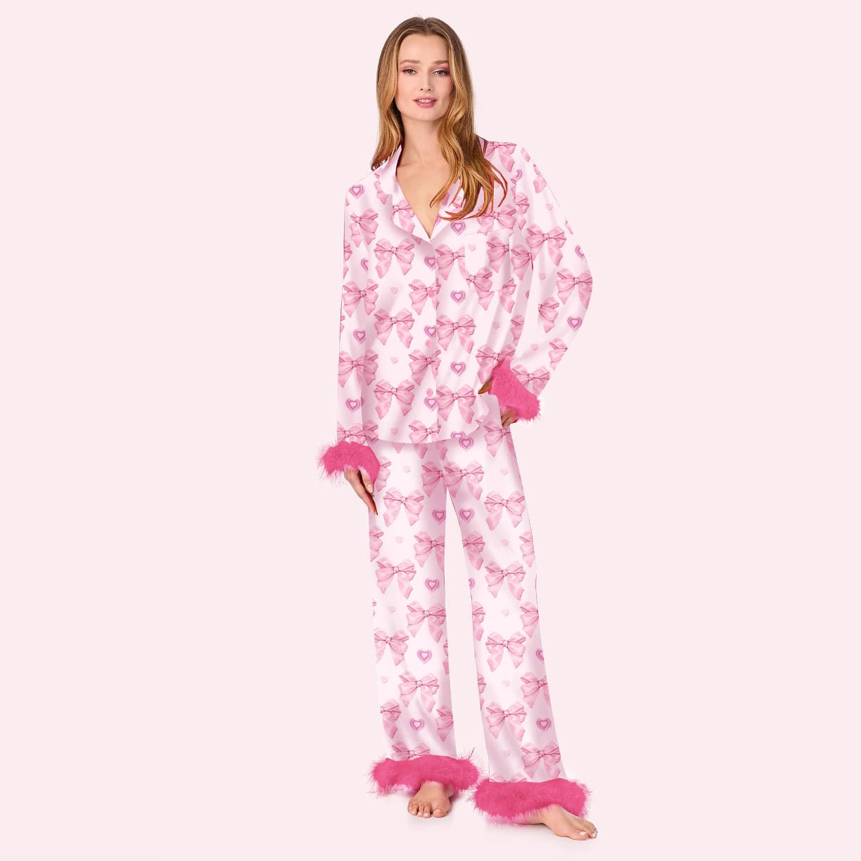 Plush Sleeve Pajamas Wholesale Pattern Printed Pajamas Set Manufacturer Straight Trousers Factory Directly