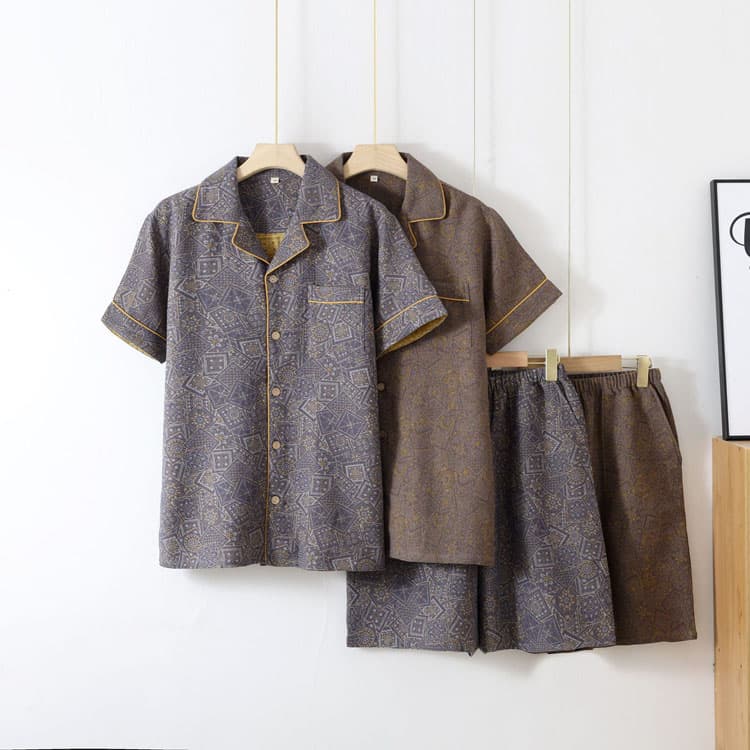 100% Cotton Men Pajamas Factory Directly Two Piece Casual Pajama Set Wholesale Lapel Collar Short Sleeve Top Custom logo