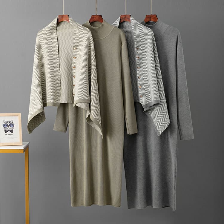 Elegant Long Sleeve Dress Autumn Women Knit Set Women Knit Long Skirt and Slim Shawl Coat Two Piece Set Lady Casual Set