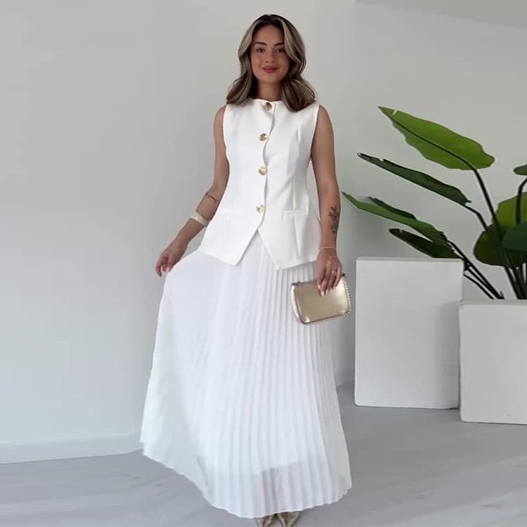 Simple Fashion Suit Factory Direct Sleeveless Round Neck Vest Custom logo Pleated Solid Color Long Skirt Wholesale