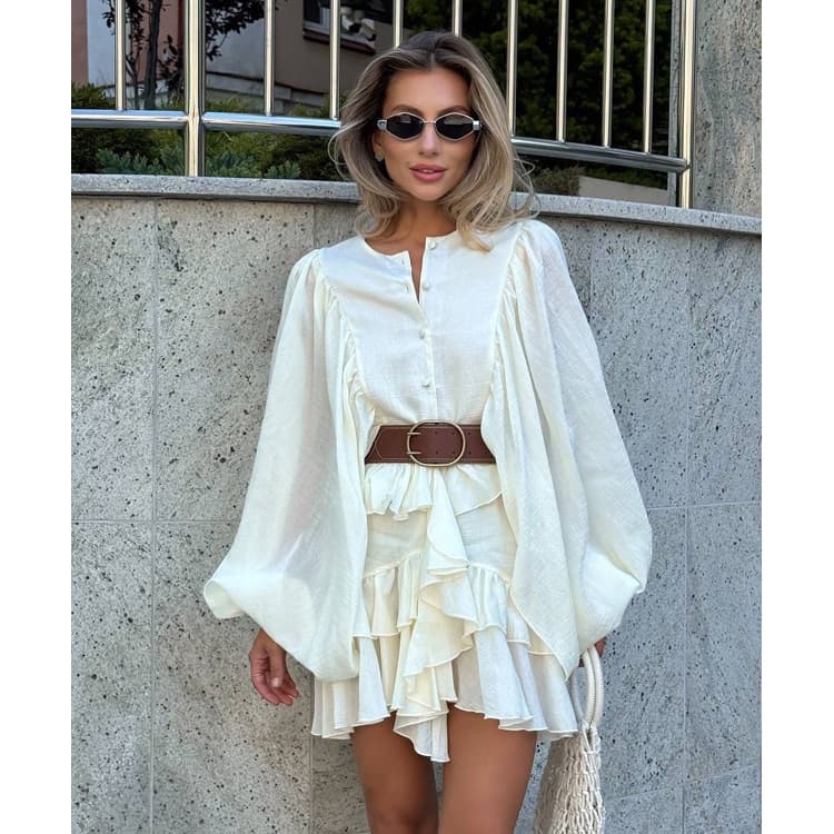 2025 Simple Casual Dress Solid Color Layered Ruffled Dress Long Lantern Sleeve Mini Dress for Women Wholesale
