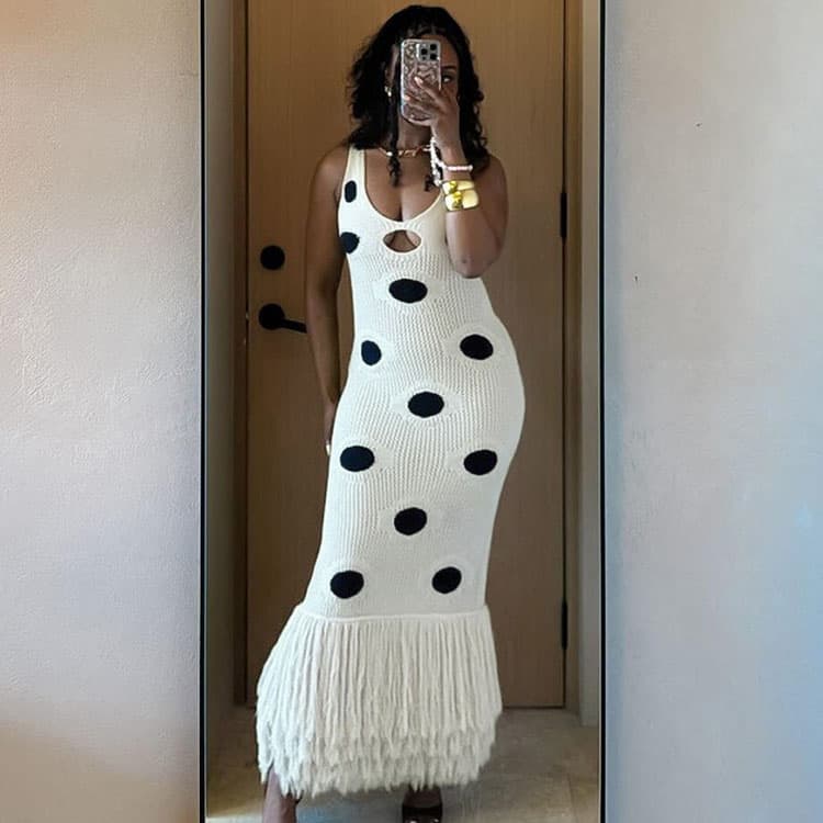 2025 Spring and Summer Hot New Women Knitted Dress Black Polka Dot Tassel Hem Knit Dress Sexy Women Casual Dress