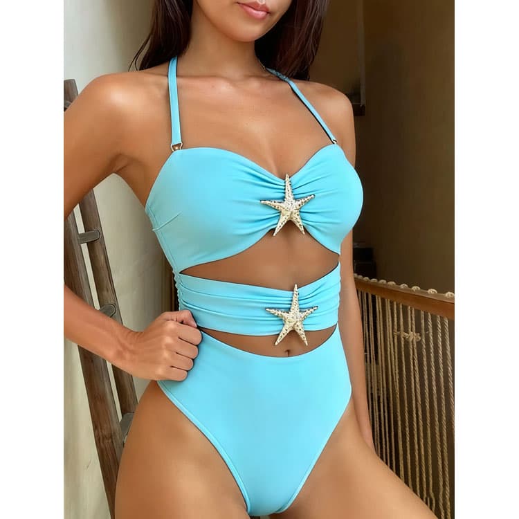 Light Blue Star Hollow Push up Bikini 2026 New Fashion Spring Pool Party Swimsuit One Pcs