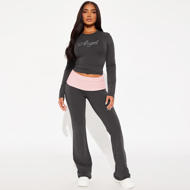 Wenshuo Rhinestone Fitted Top Wholesale Solid Color Flared Pants Custom logo Stylish Simple Women Set Factory Direct