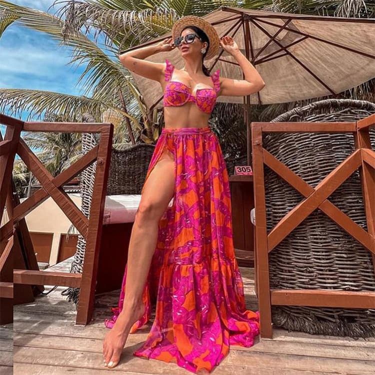 2023 Tropical Print Sexy Backless Three Pieces Underwire Bikini With Long Dress Women Swimsuit Swimwear